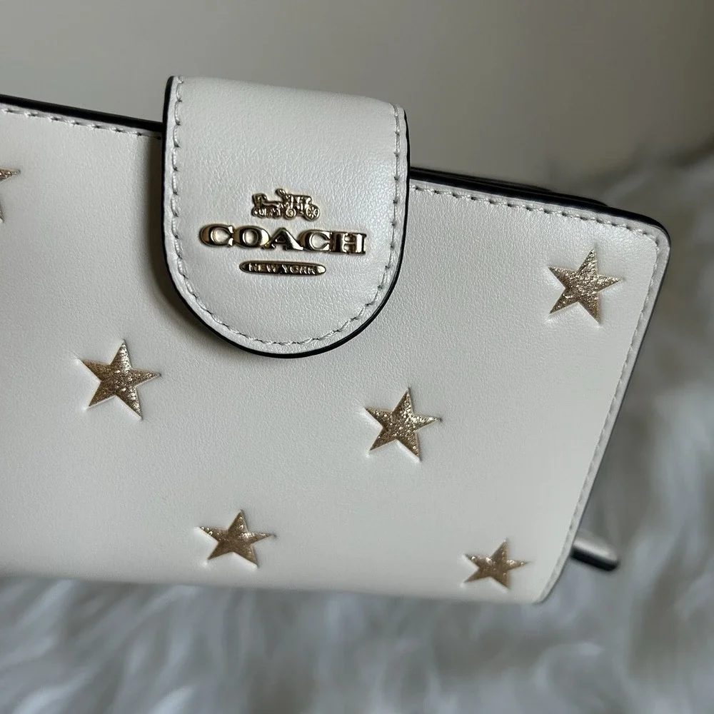 Coach Medium Corner Zip Wallet Chalk White Gold Glitter Star Bifold Leather - Picture 6 of 6